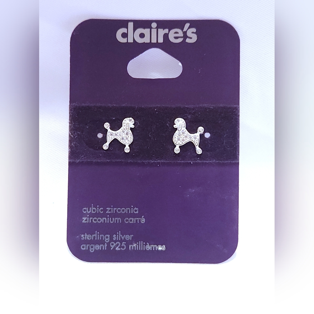 New Claires 925 Sterling Silver Poodle Earrings Sterling Posts Cubic Zirconia